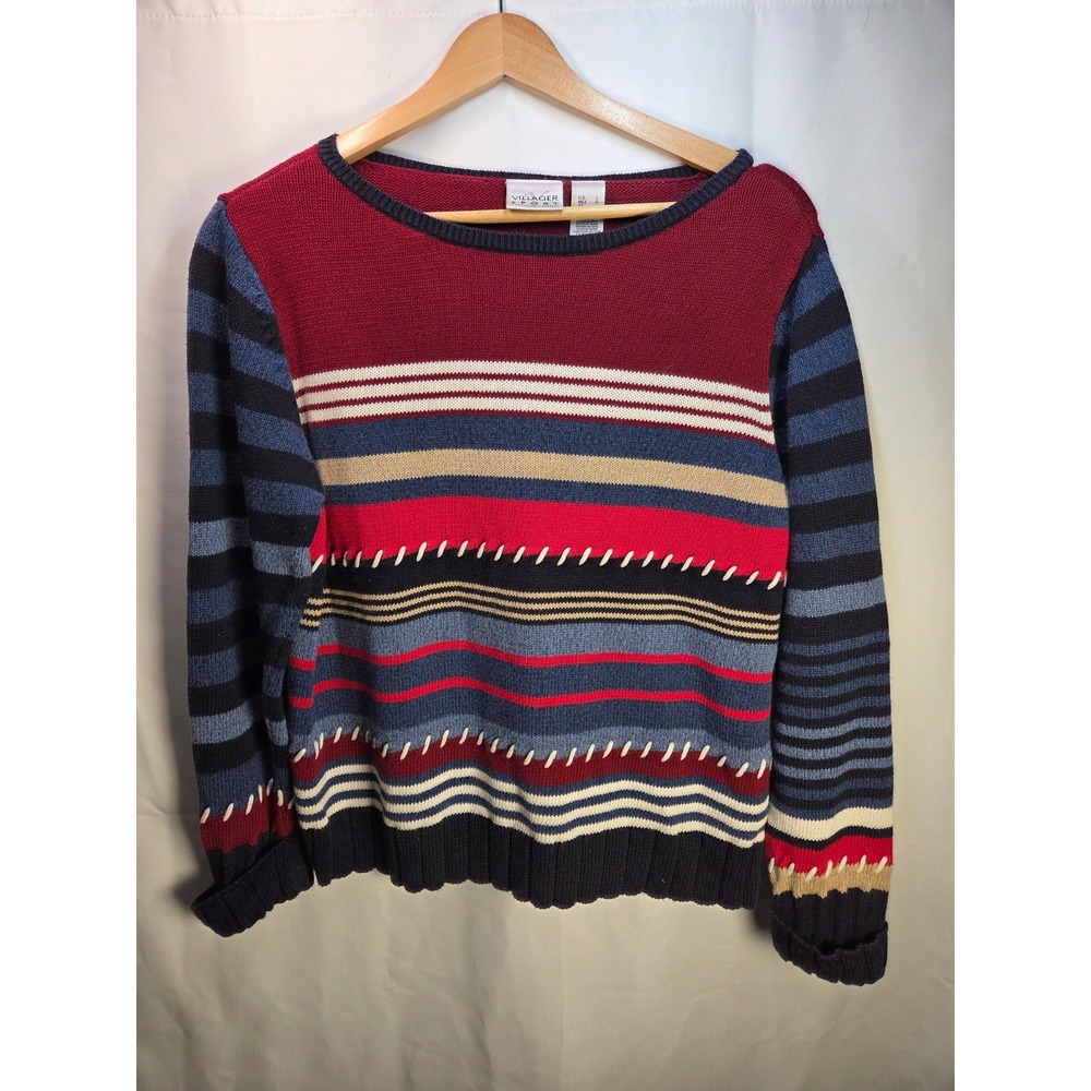 Villager Sport Women's Vintage Crew Neck Large‎ Stripe Retro 90's Sweater
